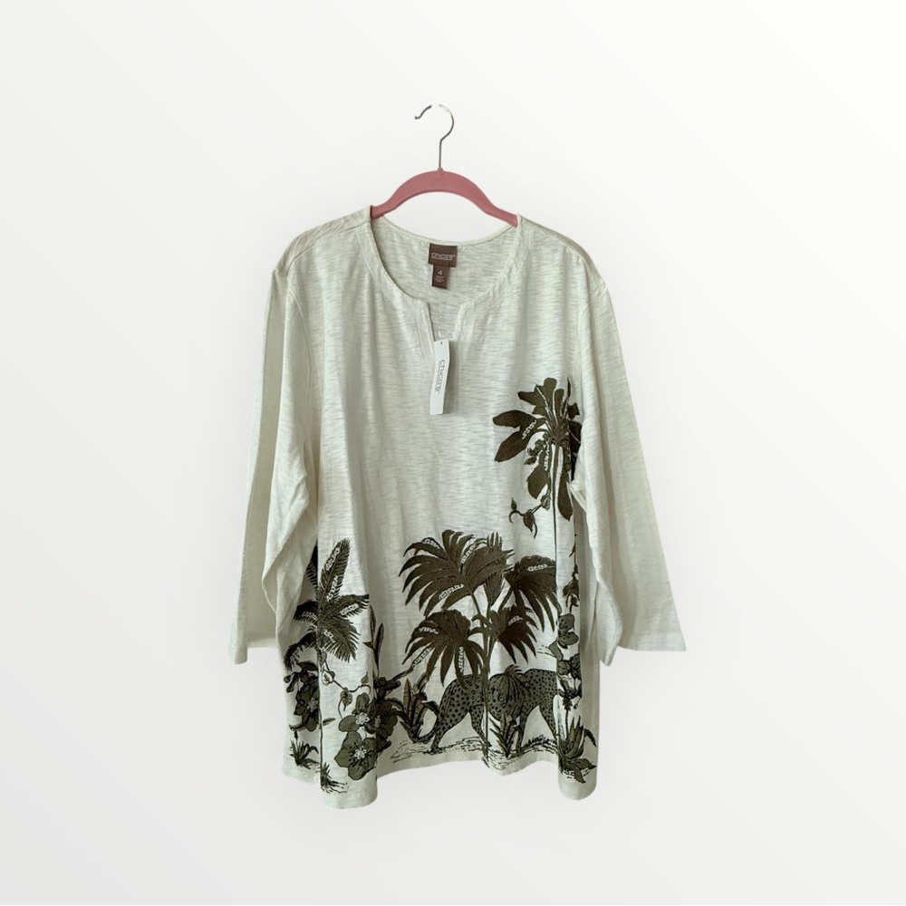 🆕 Chico's embroidered jungle toile
3-qtr sleeve tunic top *NWT* $59.95 size: XXL - Picture 9 of 12